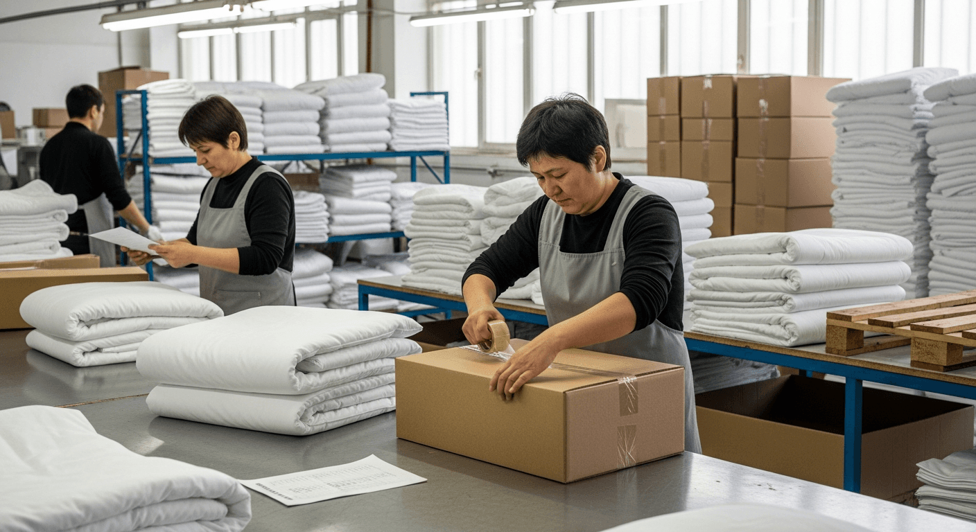 Üretim tesisinde kalite kontrol ekibi nevresim takımlarını paketliyor